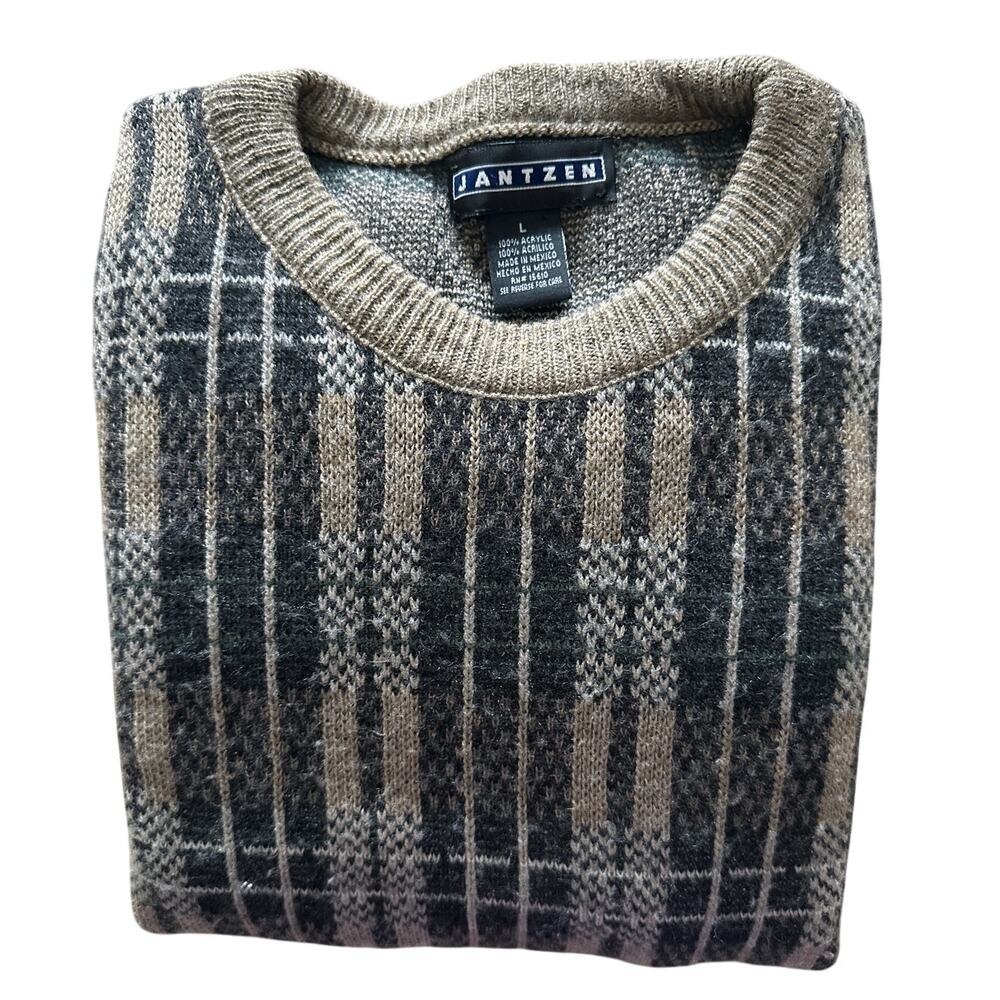 Vintage Jantzen Plaid Knit Sweater – Crewneck Pullover – Size Large – Retro